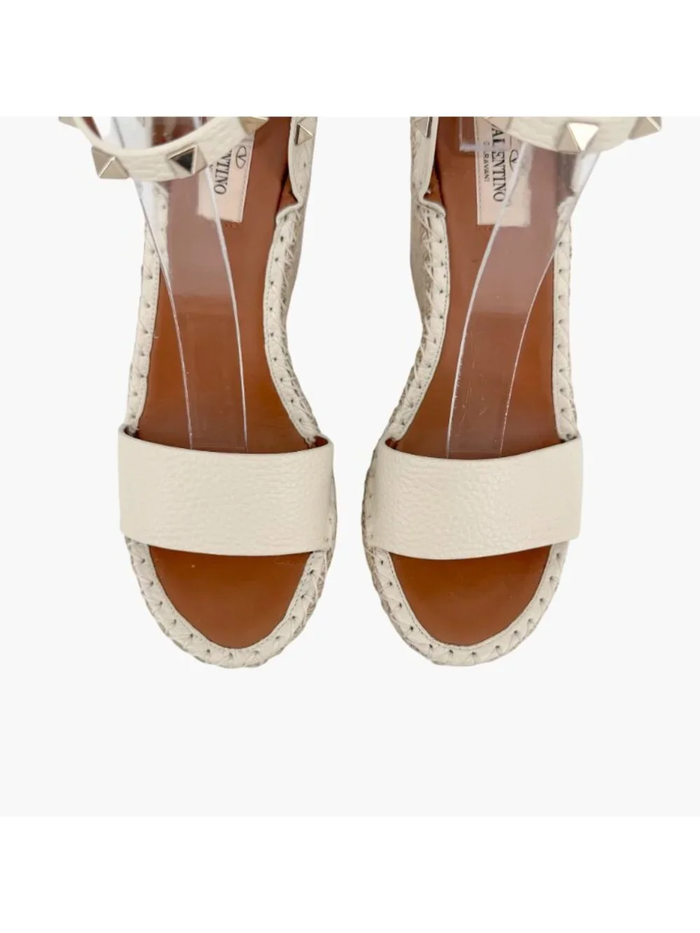 Valentino Rockstud Espadrille Wedge Sandals White Leather Size 39 US 9 Platform